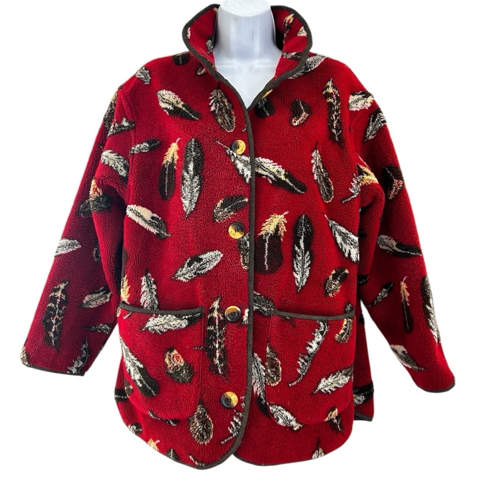 Tsunami Indigenous Collection Womens Red Feather Print Fleece Jacket S Oversized